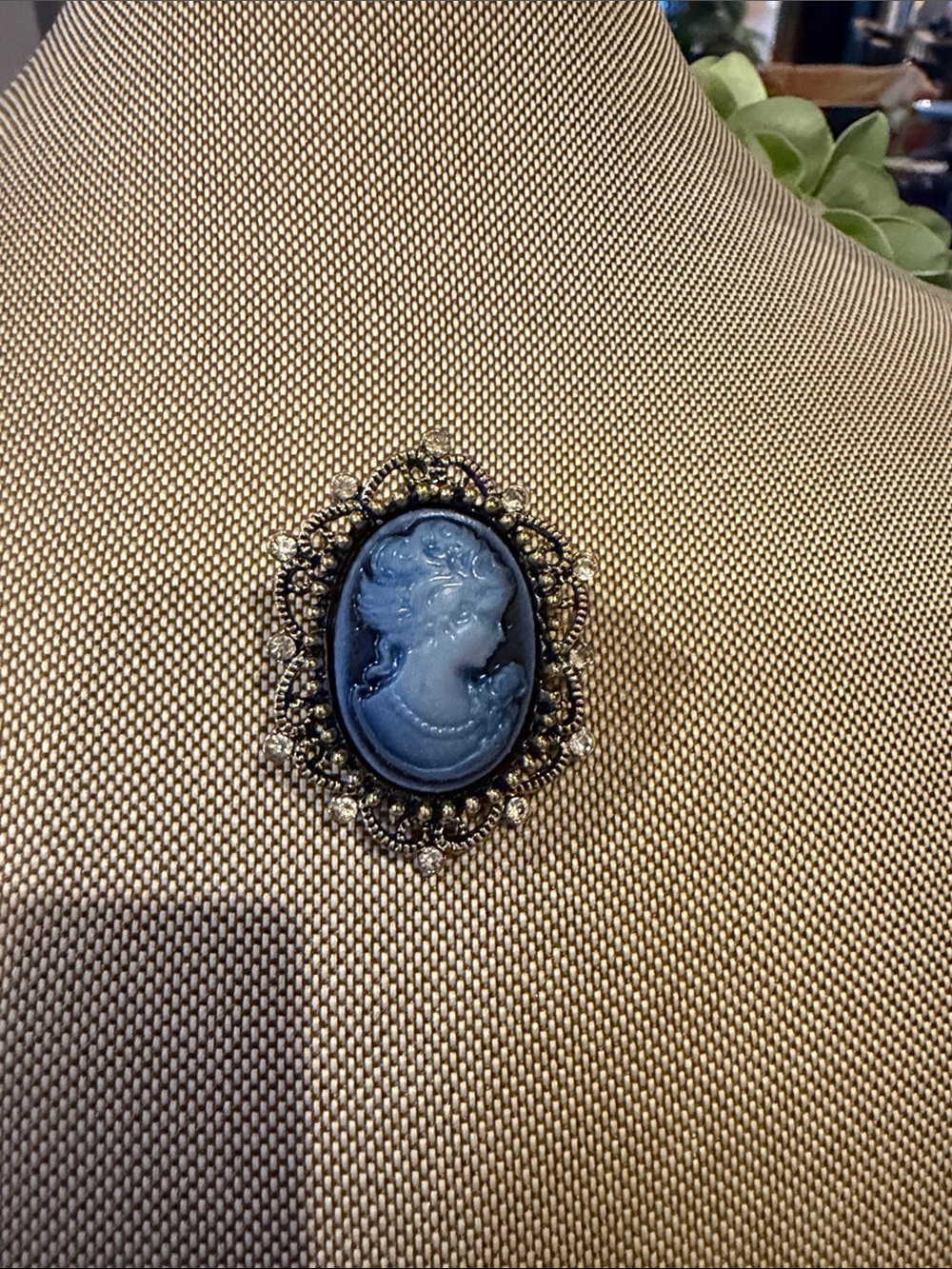 Vintage-Style Blue Cameo Brooch with Gold Filigree and Rhinestone Accents